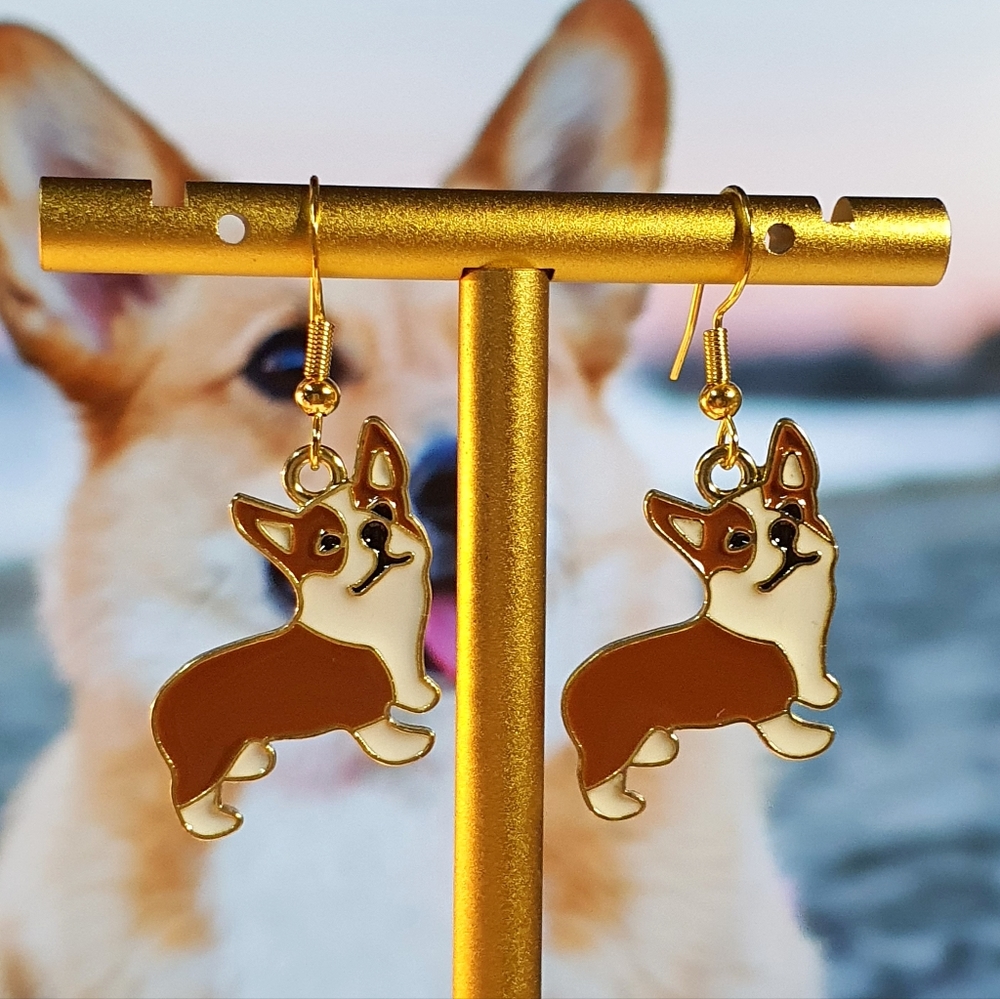 Corgi Dog Enamel Gold Metal Earings